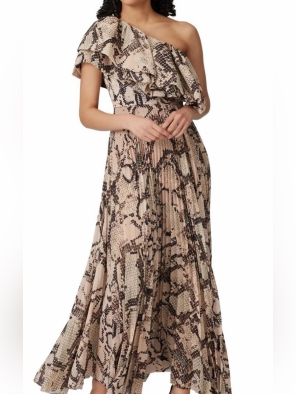 One-Shoulder Ruffled Snake Print Maxi Dress - Beige/Brown women size 16